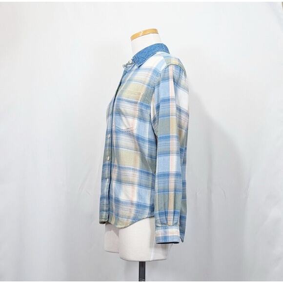 Vintage 90s Blouse Blue Pink Green Flannel Plaid Denim Collar Size Petite Small - Picture 3 of 7